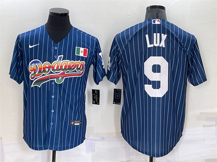 Personalized Men’s Los Angeles Dodgers #9 Gavin Lux Navy Mexico Rainbow Cool Base Stitched Baseball Jersey