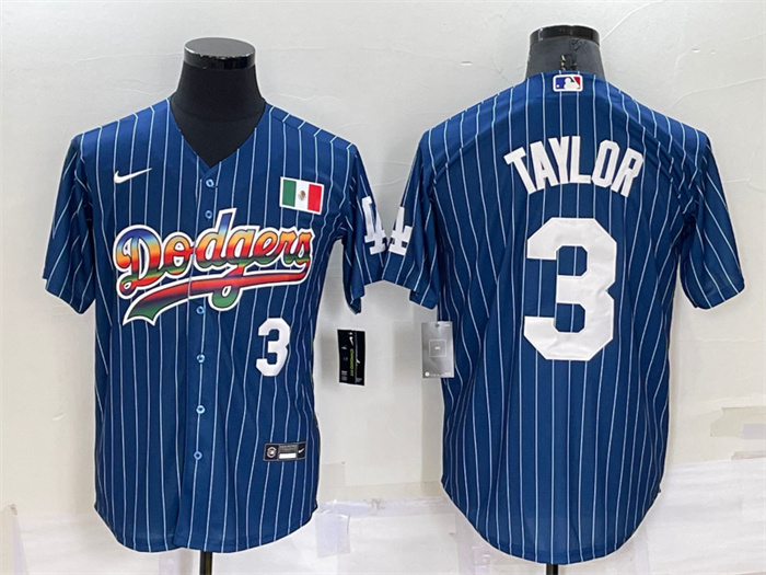 Personalized Men’s Los Angeles Dodgers #3 Chris Taylor Navy Mexico Rainbow Cool Base Stitched Baseball Jersey