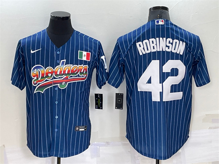 Personalized Men’s Los Angeles Dodgers #42 Jackie Robinson Navy Mexico Rainbow Cool Base Stitched Baseball Jersey