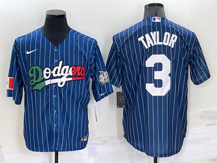 Personalized Men’s Los Angeles Dodgers #3 Chris Taylor Navy Mexico World Series Cool Base Stitched Baseball Jersey