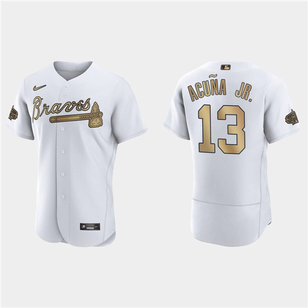 Personalized Men’s Atlanta Braves #13 Ronald Acuna Jr. 2022 All-Star White Flex Base Stitched Baseball Jersey