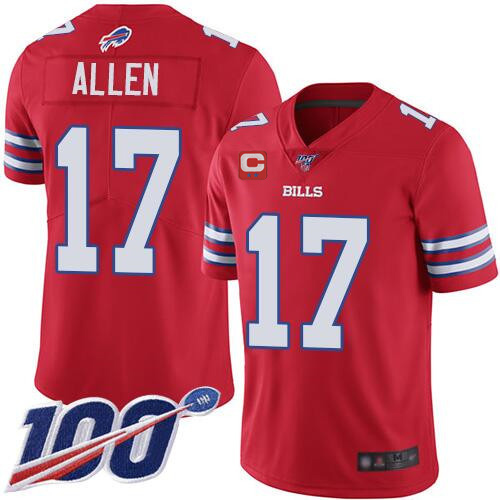 Personalized Men’s Buffalo Bills #17 Josh Allen 100th Season Red With C Patch Untouchable Limited Stitched Jersey