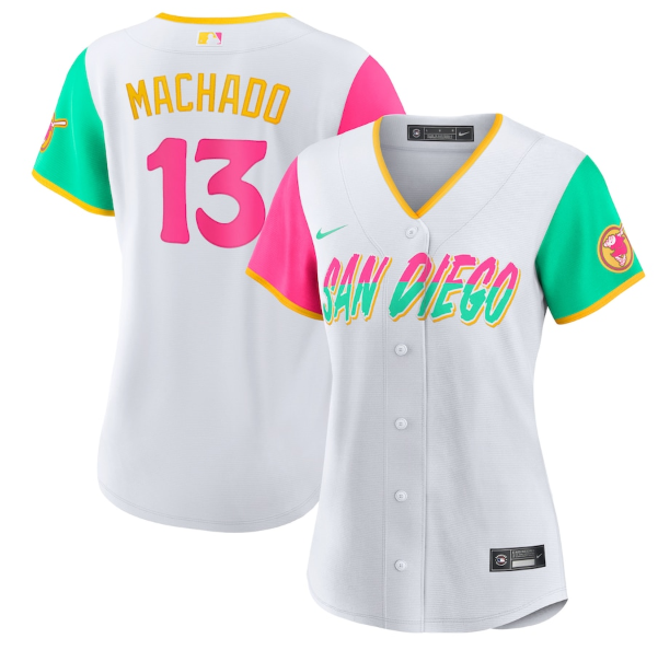 Personalized Women’s San Diego Padres #13 Manny Machado 2022 White City Connect Cool Base Stitched