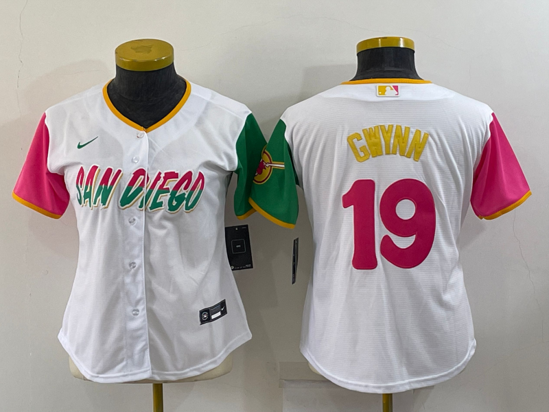 Personalized Women’s San Diego Padres #19 Tony Gwynn 2022 White City Connect Cool Base Stitched Baseball Jersey(Run Small)