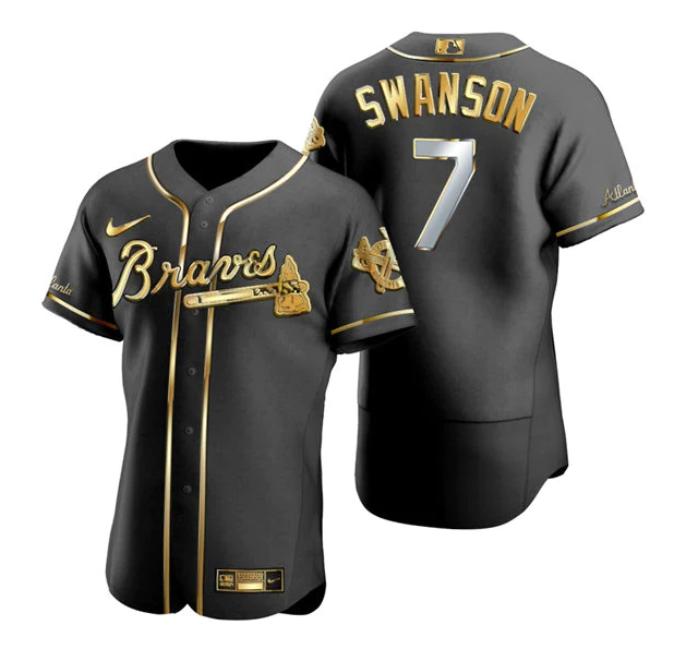 Personalized Men’s Atlanta Braves #7 Dansby Swanson Black Golden Flex Base Stitched Jersey