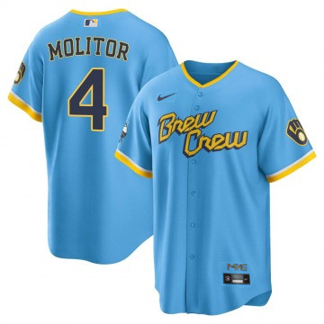 Personalized Men’s Milwaukee Brewers #4 Paul Molitor 2022 Powder Blue City Connect Cool Base Stitched Jersey