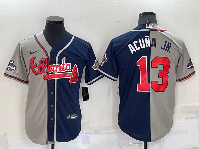 Personalized Men’s Atlanta Braves #13 Ronald Acuna Jr. Gray Navy Two Tone Split Cool Base Stitched Baseball Jersey