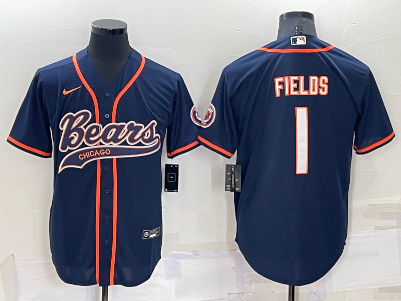 Personalized Men’s Chicago Bears #1 Justin Fields Navy Cool Base Stitched Baseball Jersey
