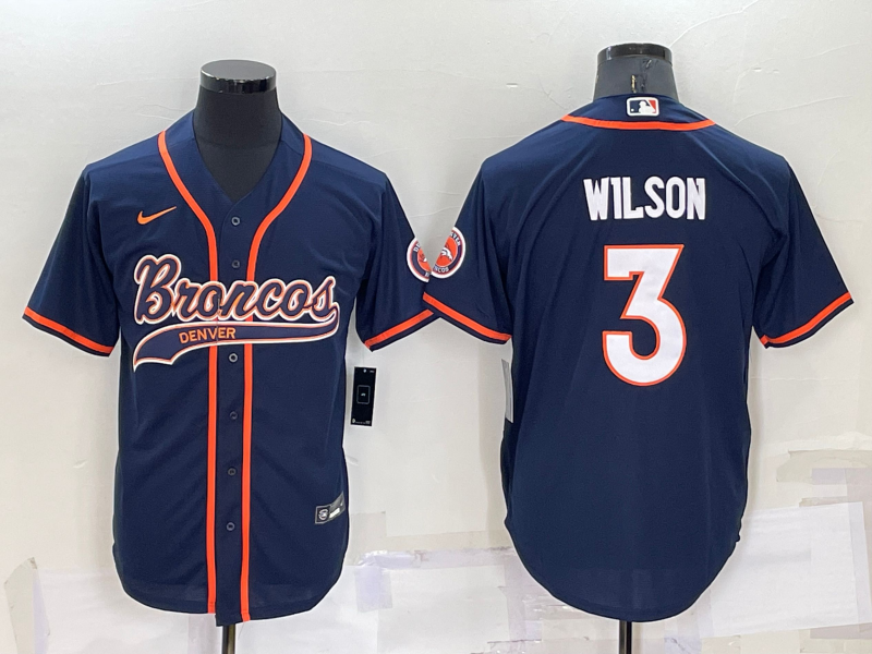 Personalized Men’s Denver Broncos #3 Russell Wilson Navy Cool Base Stitched Baseball Jersey