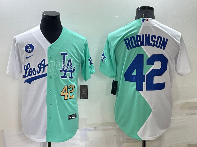 Personalized Men’s Los Angeles Dodgers #42 Jackie Robinson 2022 All-Star White Green Cool Base Stitched Baseball Jersey