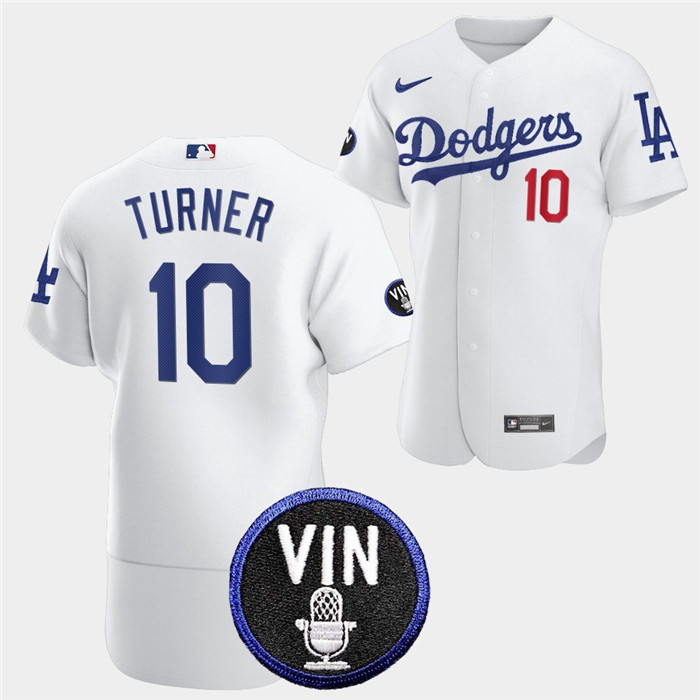 Personalized Men’s Los Angeles Dodgers #10 Justin Turner 2022 White Vin Scully Patch Flex Base Stitched Baseball Jersey