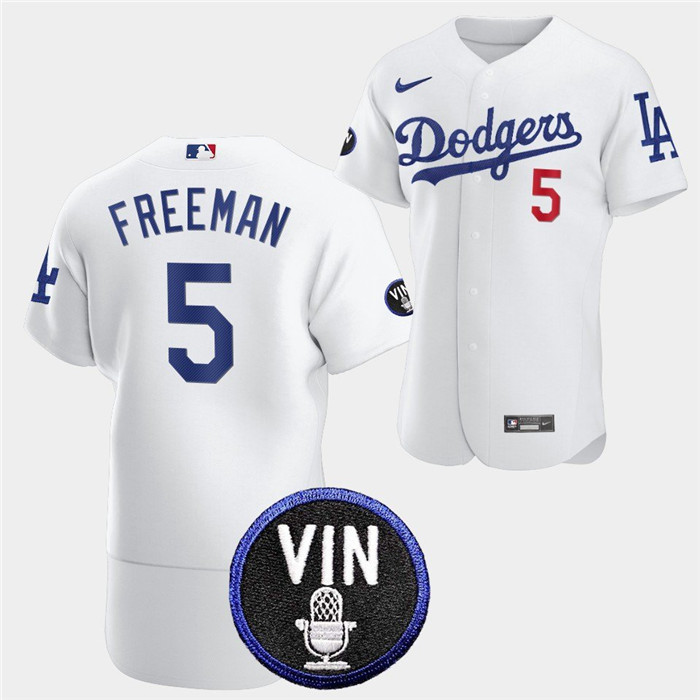 Personalized Men’s Los Angeles Dodgers #5 Freddie Freeman 2022 White Vin Scully Patch Flex Base Stitched Baseball Jersey