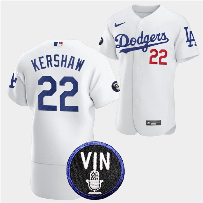 Personalized Men’s Los Angeles Dodgers #22 Clayton Kershaw 2022 White Vin Scully Patch Flex Base Stitched Baseball Jersey