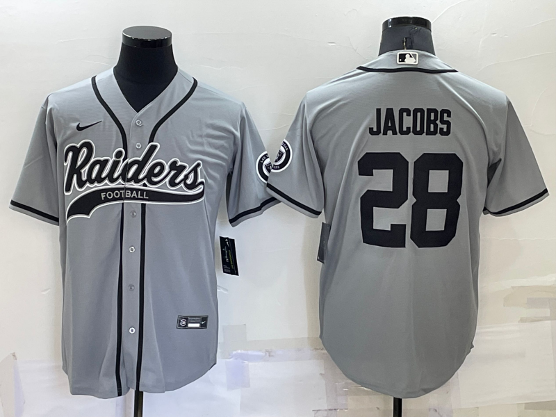 Personalized Men’s Las Vegas Raiders #28 Josh Jacobs Grey Cool Base Stitched Baseball Jersey