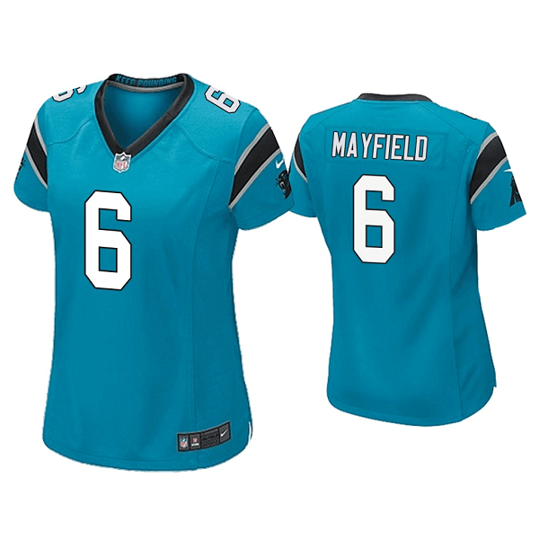 Personalized Women’s Carolina Panthers #6 Baker Mayfield Blue Stitched Game Jersey(Run Small)