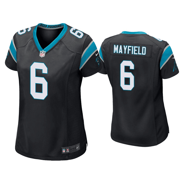 Personalized Women’s Carolina Panthers #6 Baker Mayfield Black Stitched Game Jersey(Run Small)
