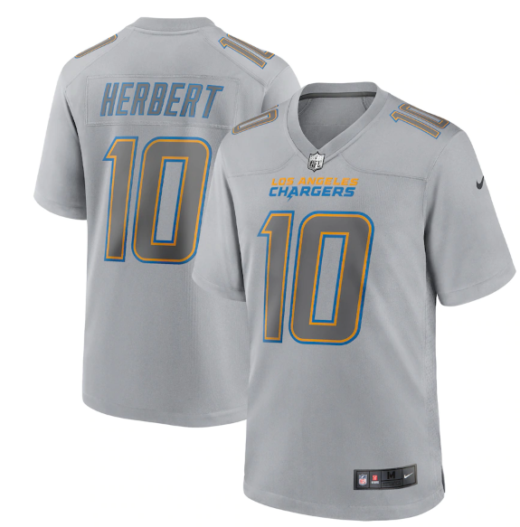 Personalized Men’s Los Angeles Chargers #10 Justin Herbert Grey Atmosphere Fashion Stitched Game Jersey