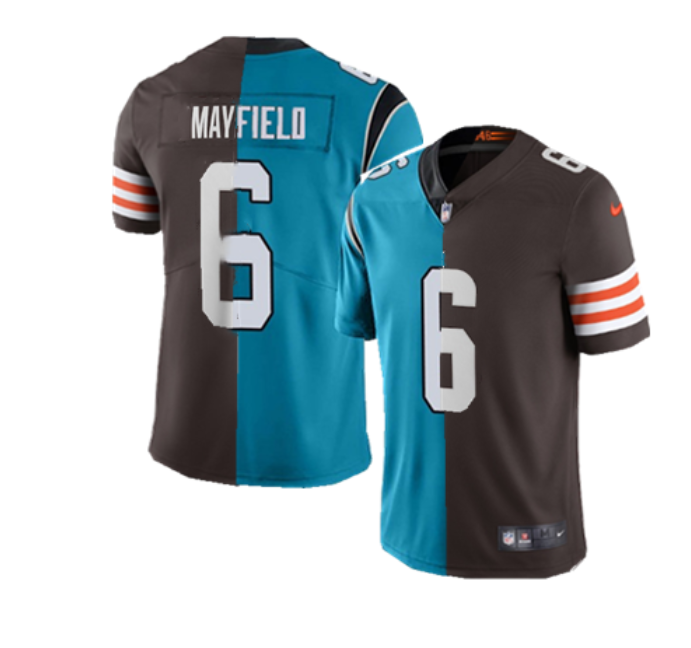 Personalized Men’s Carolina Panthers & Cleveland Browns #6 Baker Mayfield Splite Blue&Brown Untouchable Limited Jersey