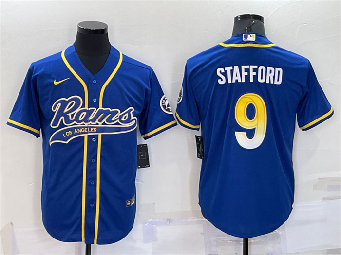 Personalized Men’s Los Angeles Rams #9 Matthew Stafford Royal With Patch Cool Base Stitched Baseball Jersey