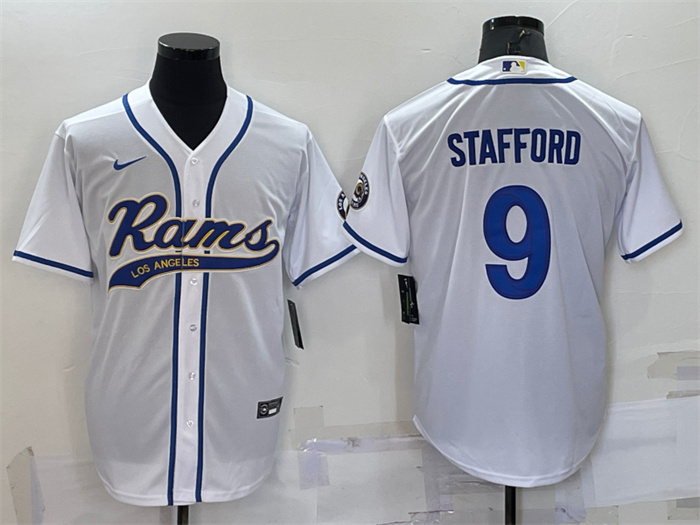 Personalized Men’s Los Angeles Rams #9 Matthew Stafford White With Patch Cool Base Stitched Baseball Jersey