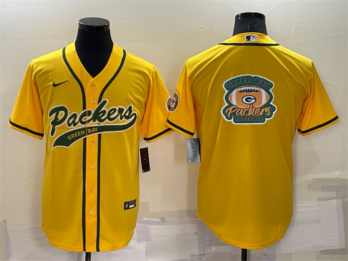 Personalized Men’s Green Bay Packers Yellow Team Big Logo With Patch Cool Base Stitched Baseball Jersey