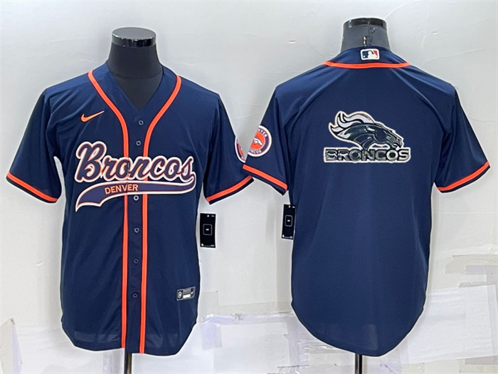 Personalized Men’s Denver Broncos Navy Team Big Logo With Patch Cool Base Stitched Baseball Jersey