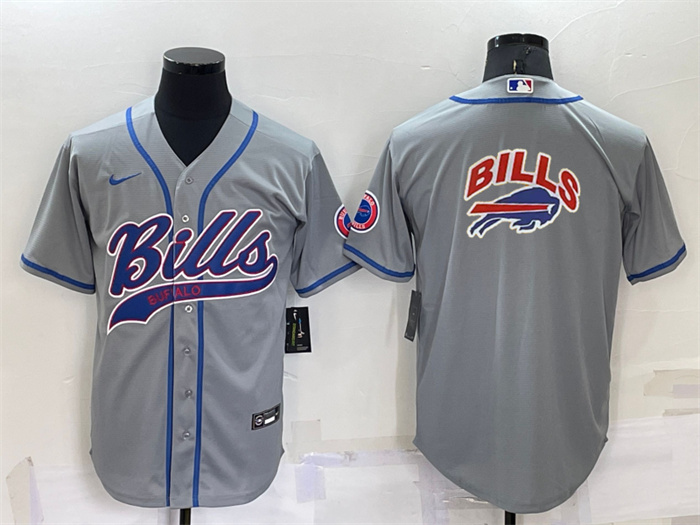 Personalized Men’s Buffalo Bills Grey Team Big Logo With Patch Cool Base Stitched Baseball Jersey