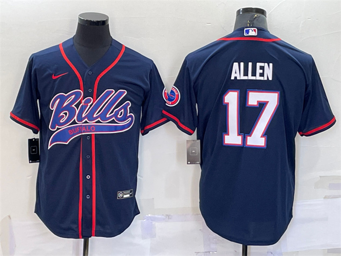 Personalized Men’s Buffalo Bills #17 Josh Allen Navy With Patch Cool Base Stitched Baseball Jersey