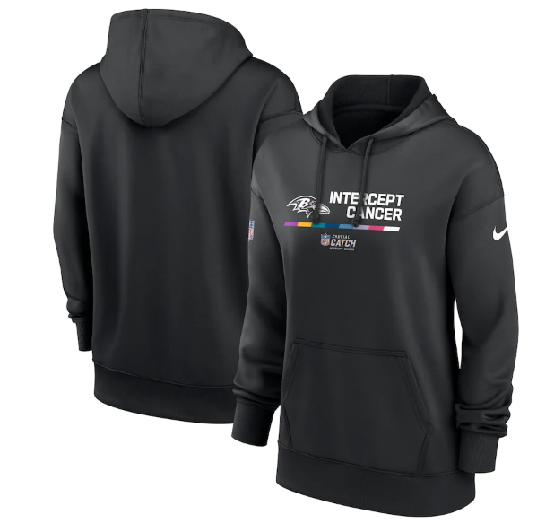 Personalized Women’s Baltimore Ravens 2022 Black NFL Crucial Catch Therma Performance Pullover Hoodie(Run Small)