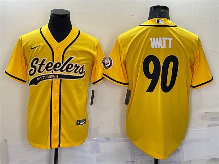 Personalized Men’s Pittsburgh Steelers #90 T.J. Watt Yellow With Patch Cool Base Stitched Baseball Jersey