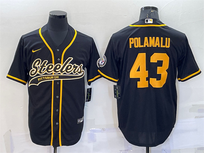 Personalized Men’s Pittsburgh Steelers #43 Troy Polamalu Black Gold With Patch Cool Base Stitched Baseball Jersey