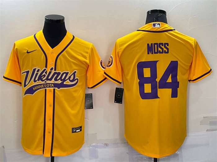 Personalized Men’s Minnesota Vikings #84 Randy Moss Gold With Patch Cool Base Stitched Baseball Jersey
