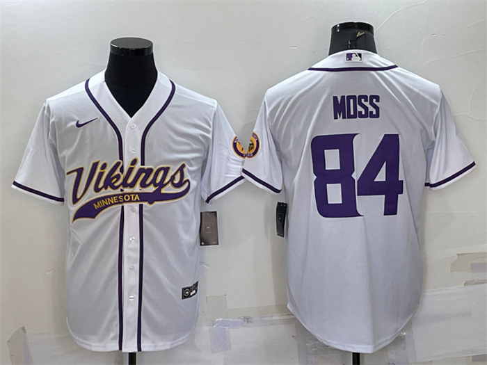 Personalized Men’s Minnesota Vikings #84 Randy Moss White With Patch Cool Base Stitched Baseball Jersey