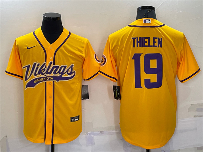 Personalized Men’s Minnesota Vikings #19 Adam Thielen Gold With Patch Cool Base Stitched Baseball Jersey