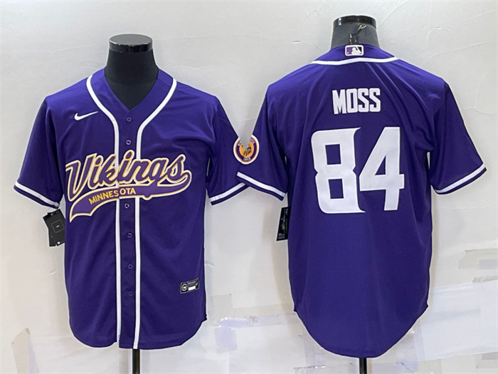 Personalized Men’s Minnesota Vikings #84 Randy Moss Purple With Patch Cool Base Stitched Baseball Jersey