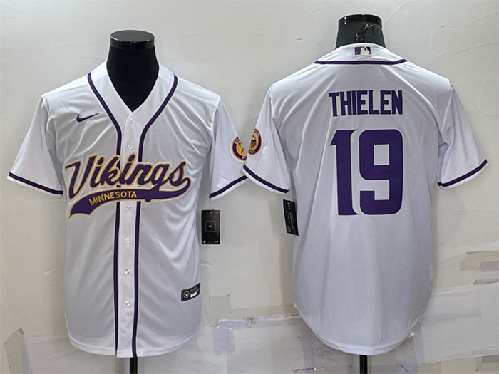 Personalized Men’s Minnesota Vikings #19 Adam Thielen White With Patch Cool Base Stitched Baseball Jersey