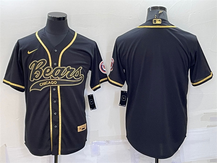 Personalized Men’s Chicago Bears Blank Black Gold With Patch Cool Base Stitched Baseball Jersey