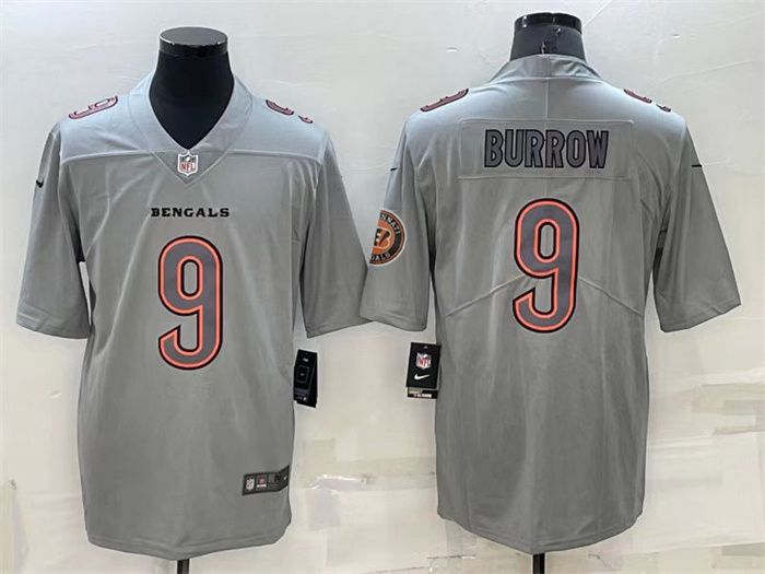 Personalized Men’s Cincinnati Bengals #9 Joe Burrow Gray With Patch Atmosphere Fashion Stitched Jersey