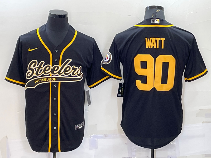 Personalized Men’s Pittsburgh Steelers #90 T.J. Watt Black Gold With Patch Cool Base Stitched Baseball Jersey