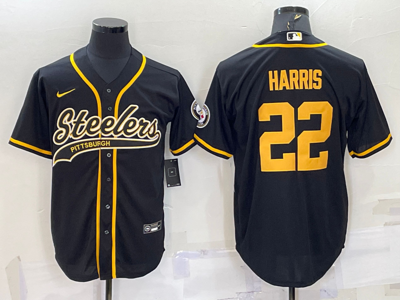 Personalized Men’s Pittsburgh Steelers #22 Najee Harris Black Gold With Patch Cool Base Stitched Baseball Jersey