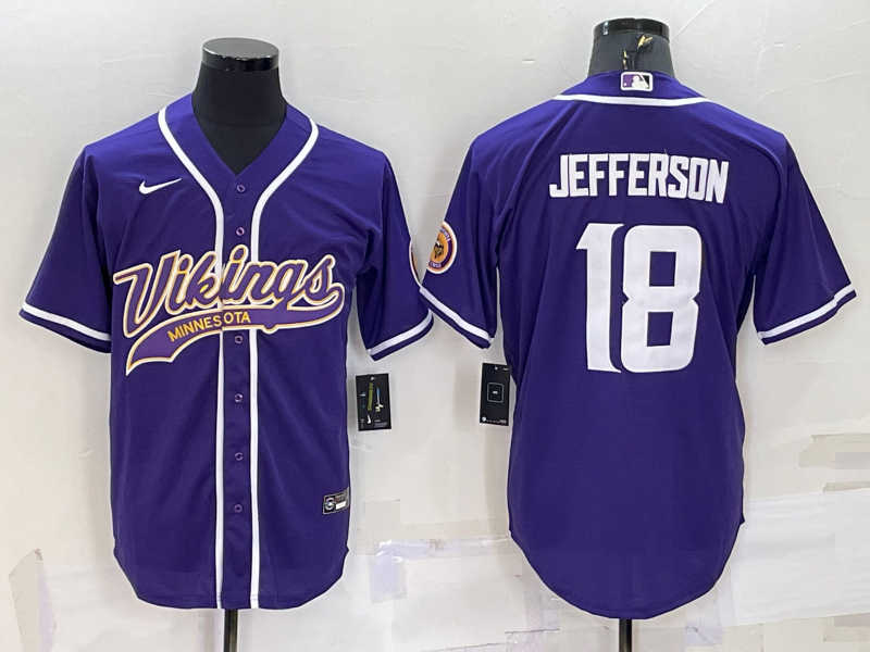 Personalized Men’s Minnesota Vikings #18 Justin Jefferson Purple With Patch Cool Base Stitched Baseball Jersey