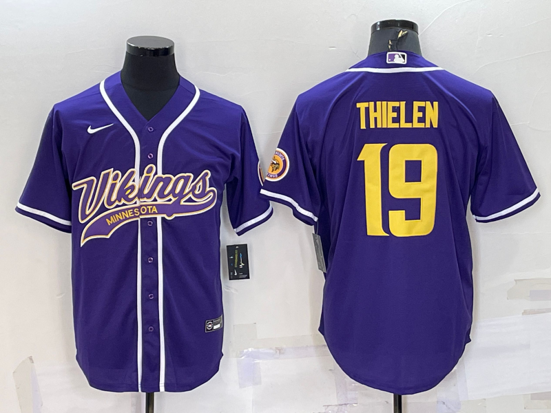 Personalized Men’s Minnesota Vikings #19 Adam Thielen Purple Gold With Patch Cool Base Stitched Baseball Jersey