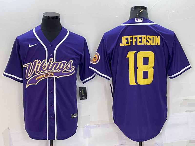 Personalized Men’s Minnesota Vikings #18 Justin Jefferson Purple Gold With Patch Cool Base Stitched Baseball Jersey