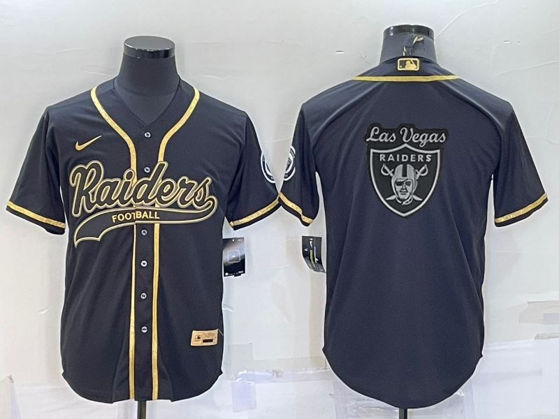 Personalized Men’s Las Vegas Raiders Black Gold Team Big Logo With Patch Cool Base Stitched Baseball Jersey
