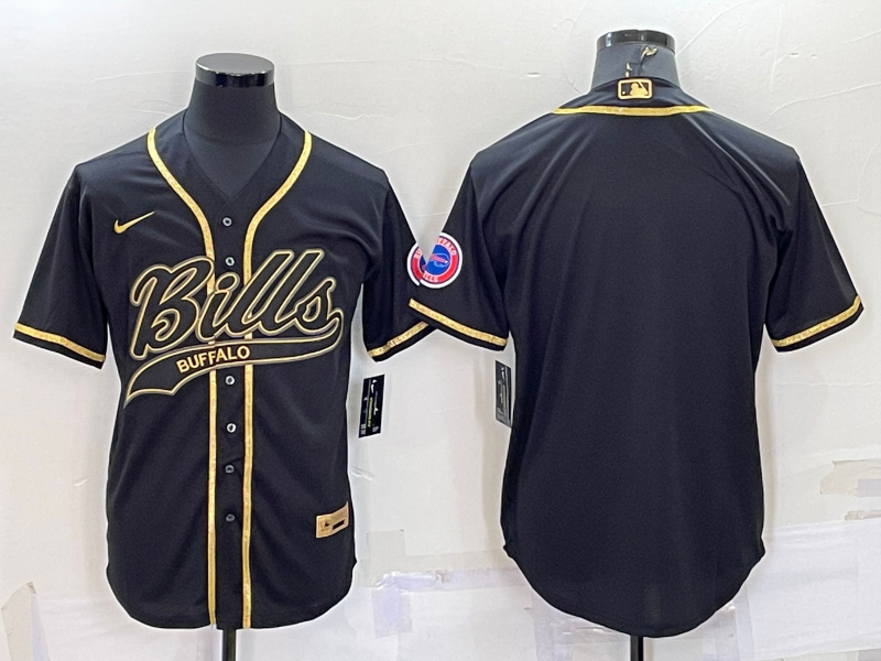 Personalized Men’s Buffalo Bills Blank Black Gold With Patch Cool Base Stitched Baseball Jersey
