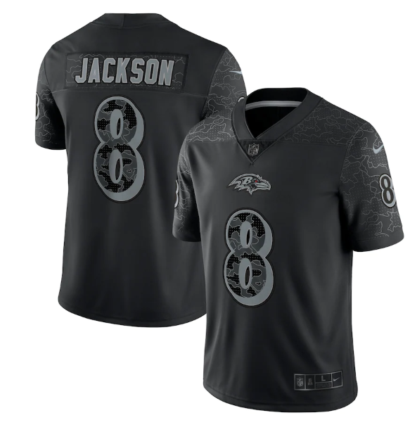 Personalized Men’s Baltimore Ravens #8 Lamar Jackson Black Reflective Limited Stitched Football Jersey