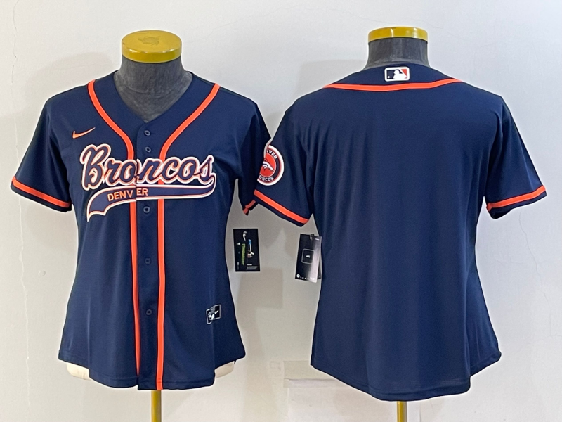 Personalized Women Denver Broncos Blank Navy With Patch Cool Base Stitched Baseball Jersey