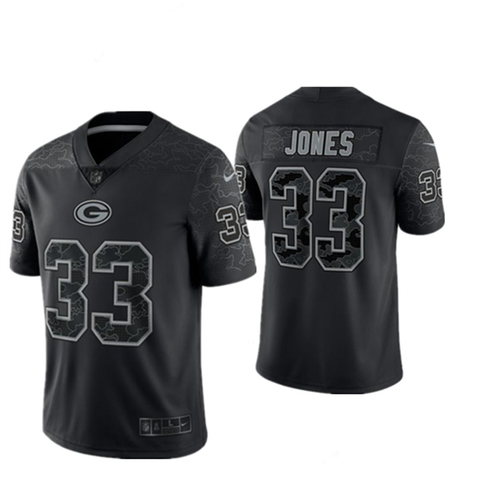 Personalized Men’s Green Bay Packers #33 Aaron Jones Black Reflective Limited Stitched Football Jersey