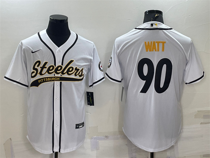 Personalized Men’s Pittsburgh Steelers #90 T.J. Watt White With Patch Cool Base Stitched Baseball Jersey