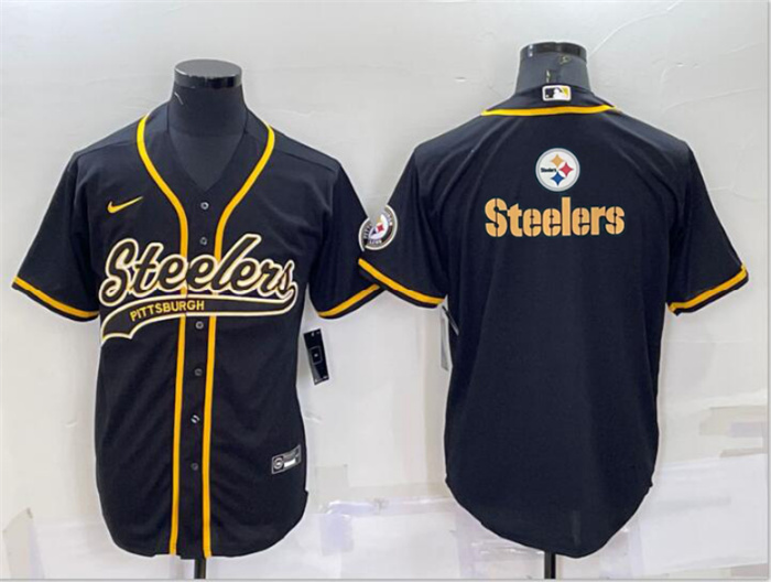 Personalized Men’s Pittsburgh Steelers Black Team Big Logo With Patch Cool Base Stitched Baseball Jersey